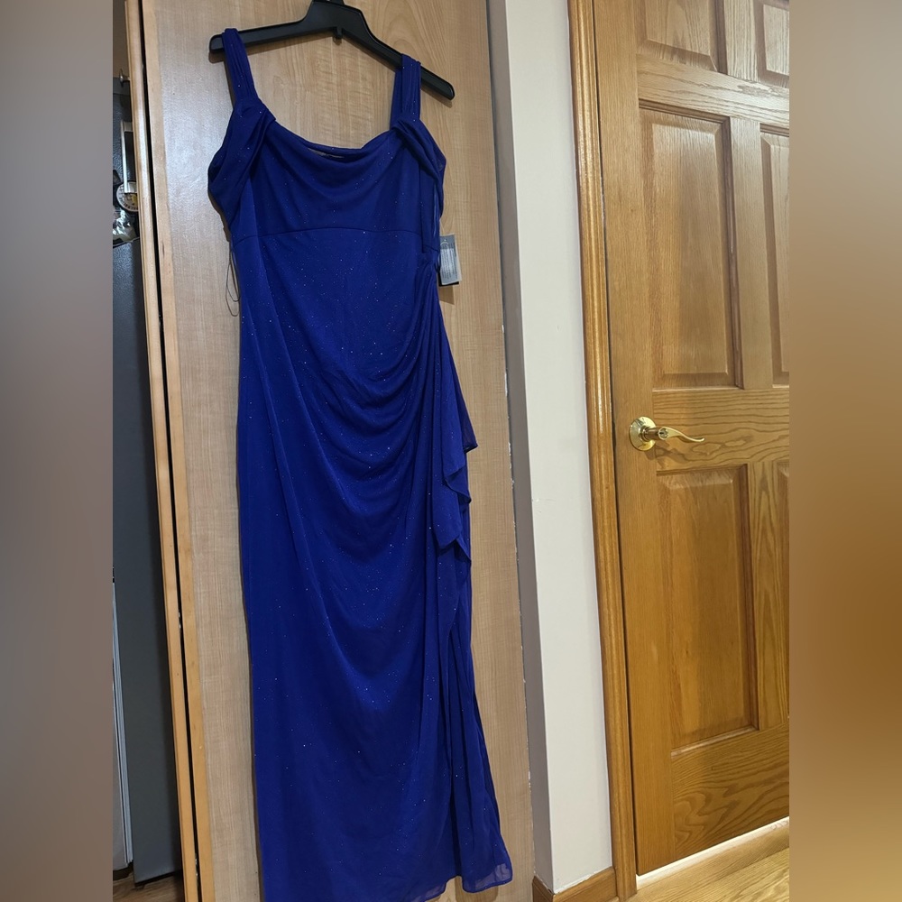 Formal Dress Size 14 ALEX EVENINGS Cold off the Shoulder Glitter Mesh Gown Blue - Picture 5 of 6